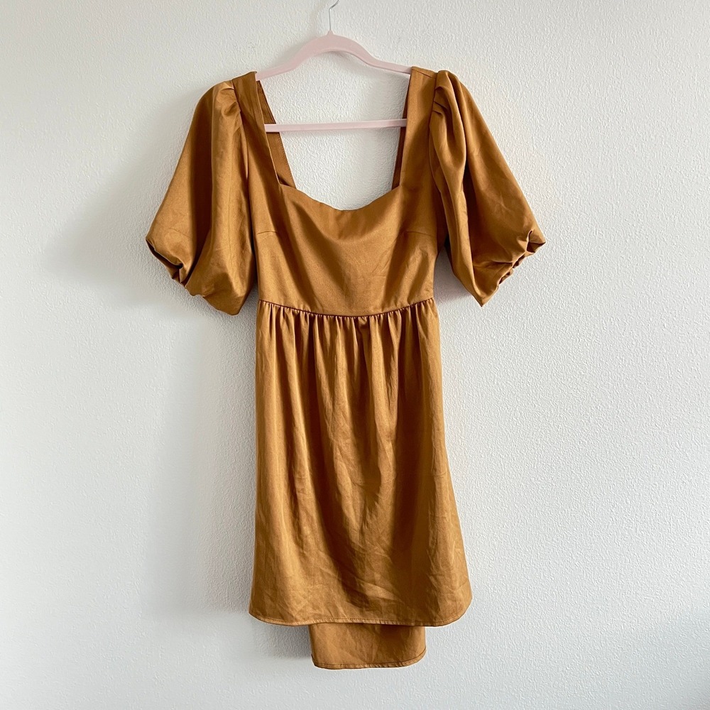 Lichi Bronze Puff Sleeve Cutout Tie Back Fit & Flare Mini Dress M Cottagecore